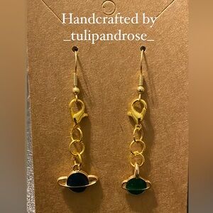 Handmade Mix Match Blue & Green Planet Charms Gold tone Earrings Approx 1” long